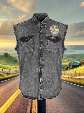 Vance Biker Wear Black Acid-Wash Sleeveless Denim Shirt Deadwood South Dakota